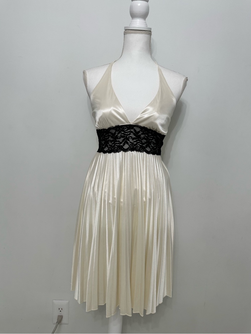 Taboo Ivory Halter Mini Dress with Black Lace Waist